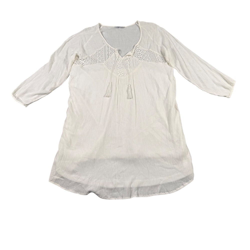 Purple Snow Anthropologie 2X White Whimsical Boho Lace Yoke Tassel Tunic Blouse